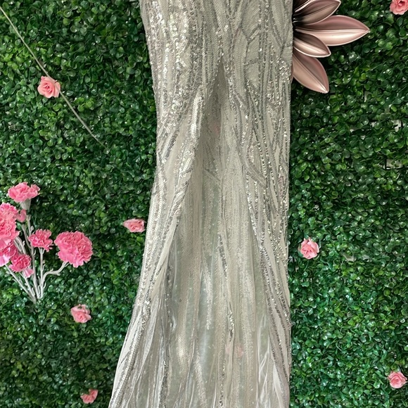 Metallic Silver Sequin Gown with Thigh Slit - Picture 4 of 4